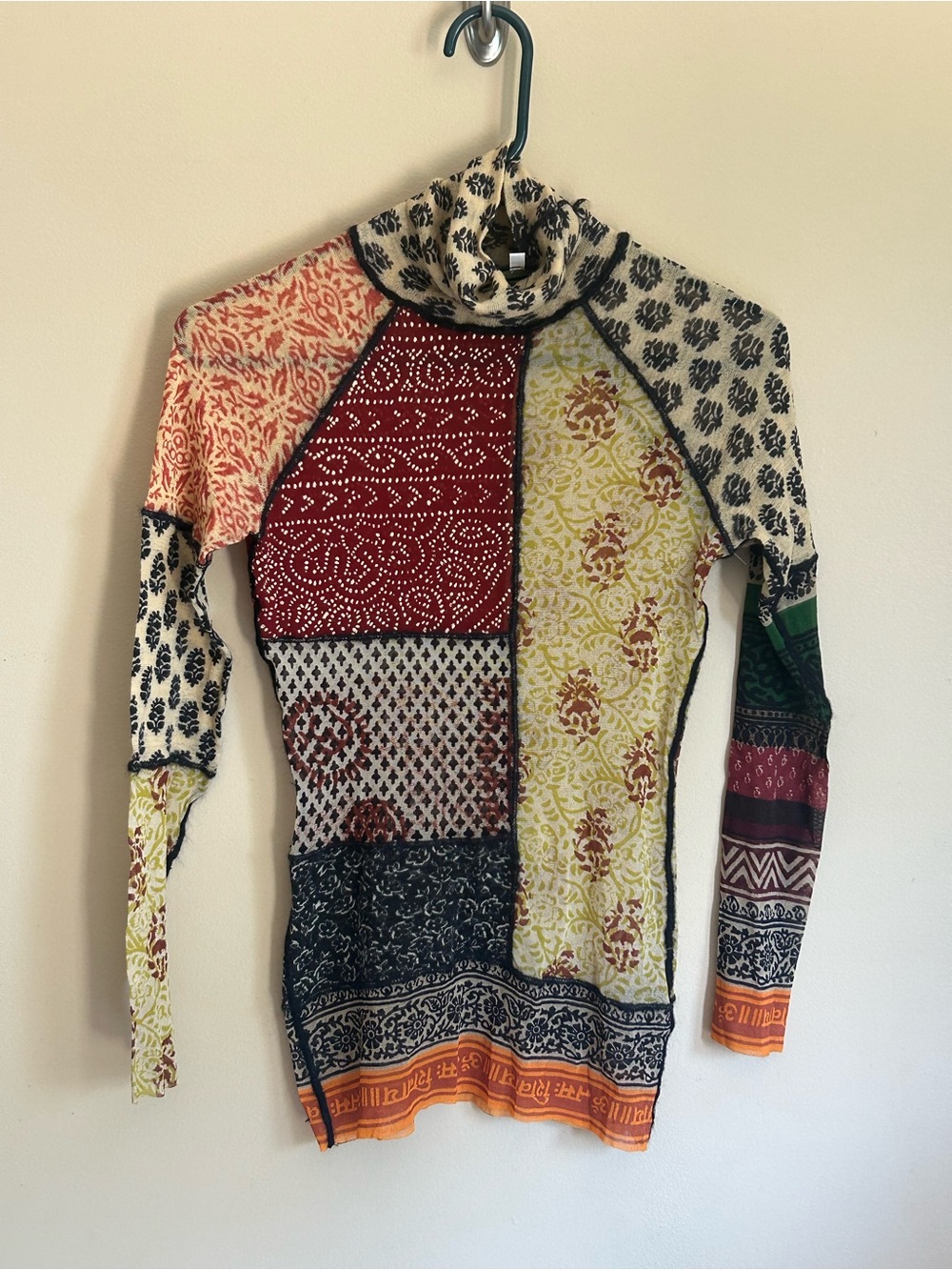 Jean Paul Gaultier Multicolor Patchwork Printed Mesh Turtleneck Long Sleeve Top